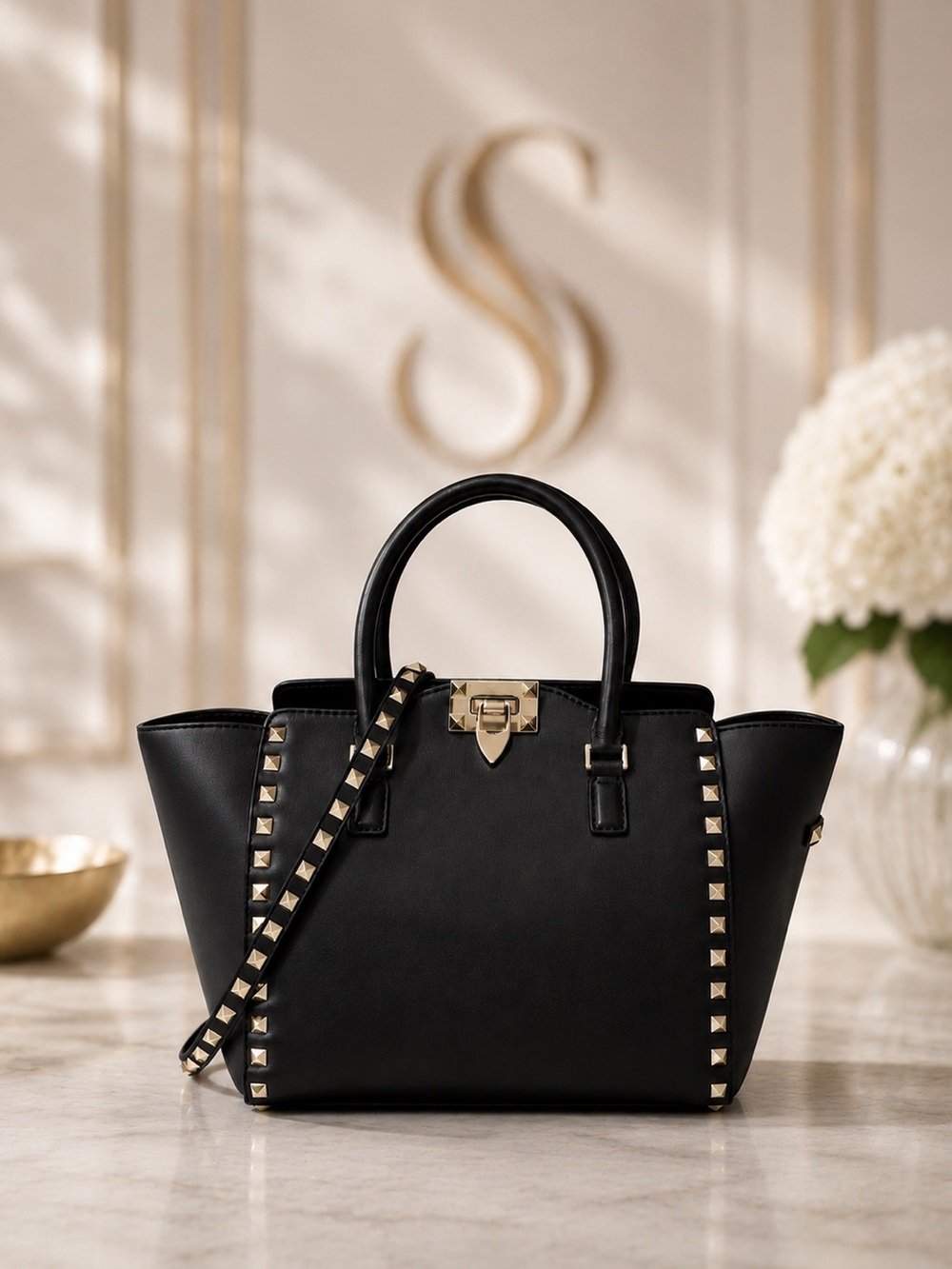 Large Rockstud Tote Satchel Black Leather Crossbody Bag
