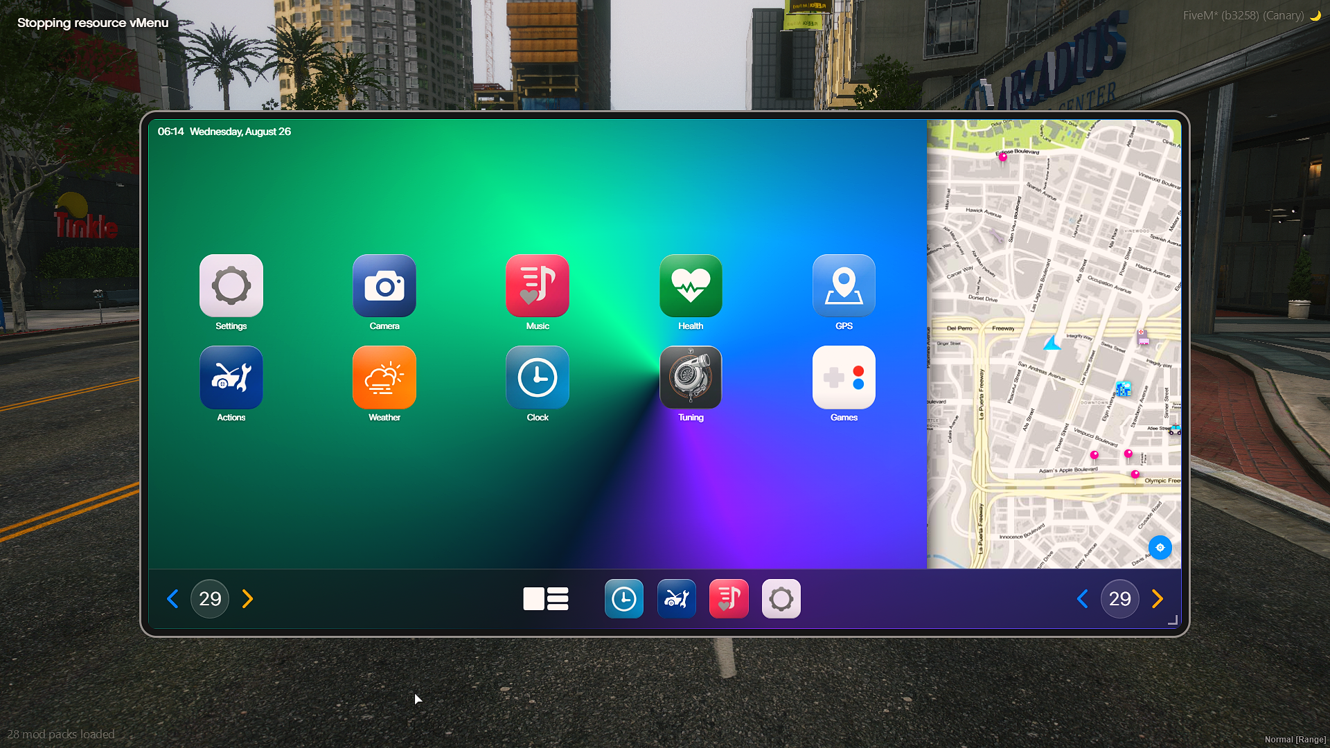 RoadCarRadio home screen with all apps and the map panel