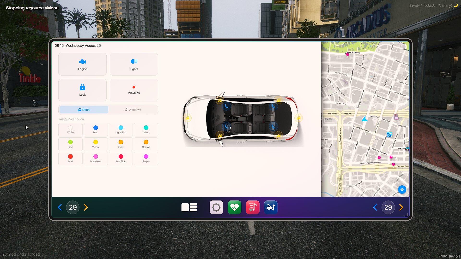 Vehicle controls with doors, lights and headlight colours