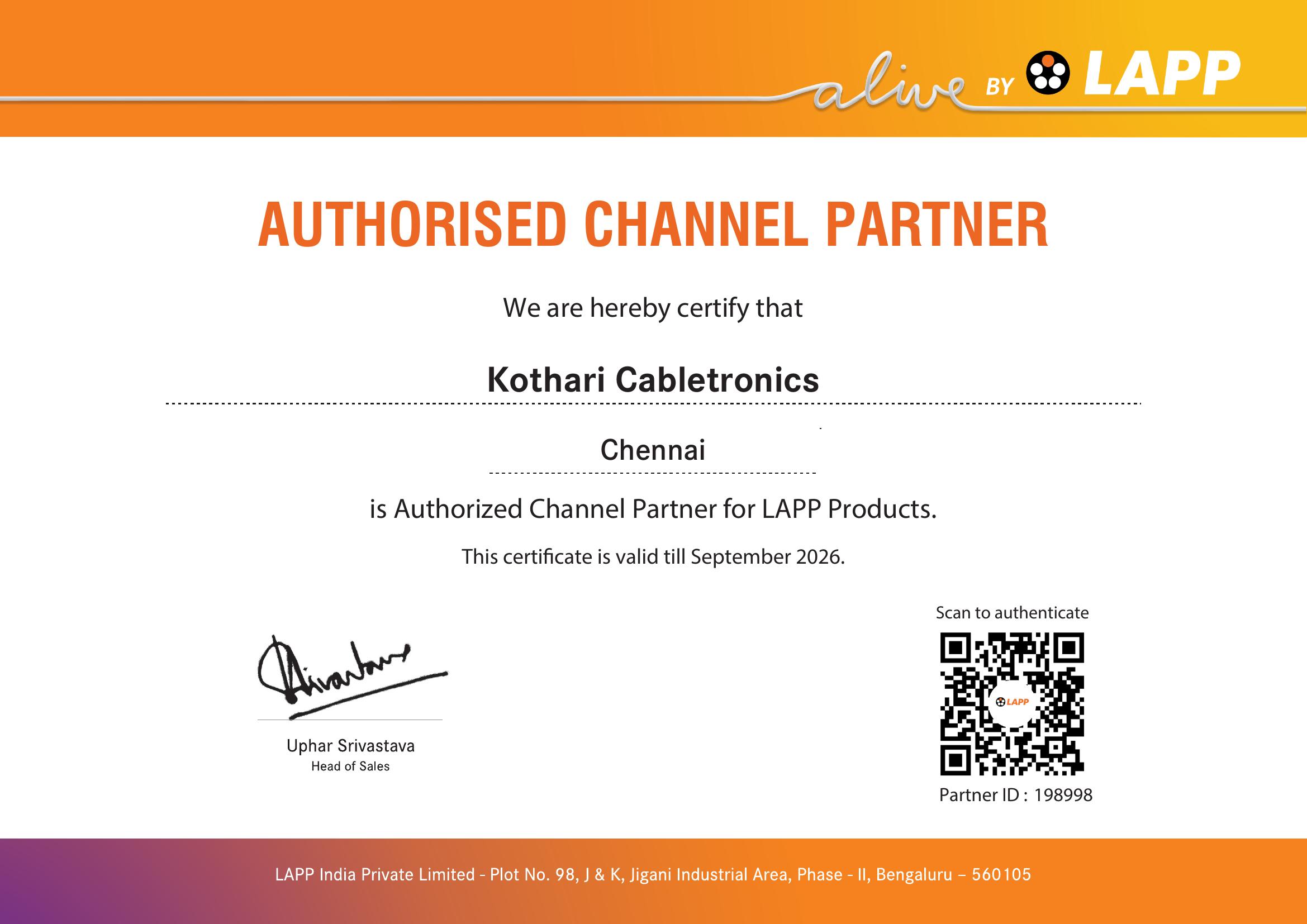 Lapp Authorised Certificate