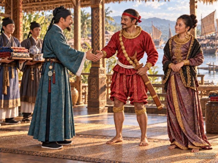 AI visual representation of members of Lusung’s royal family meeting Xu Chailao