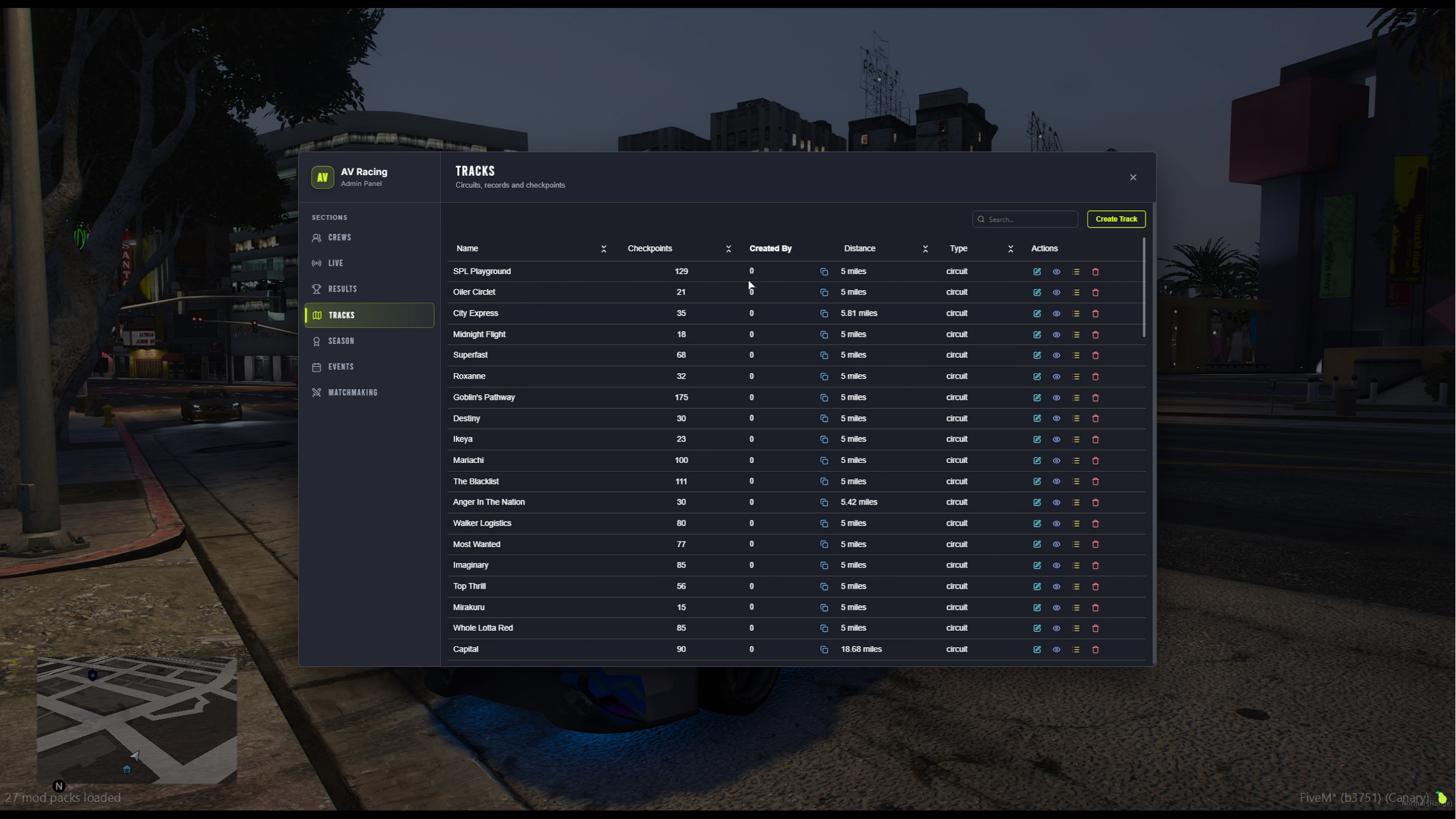 The admin panel showing the tracks section
