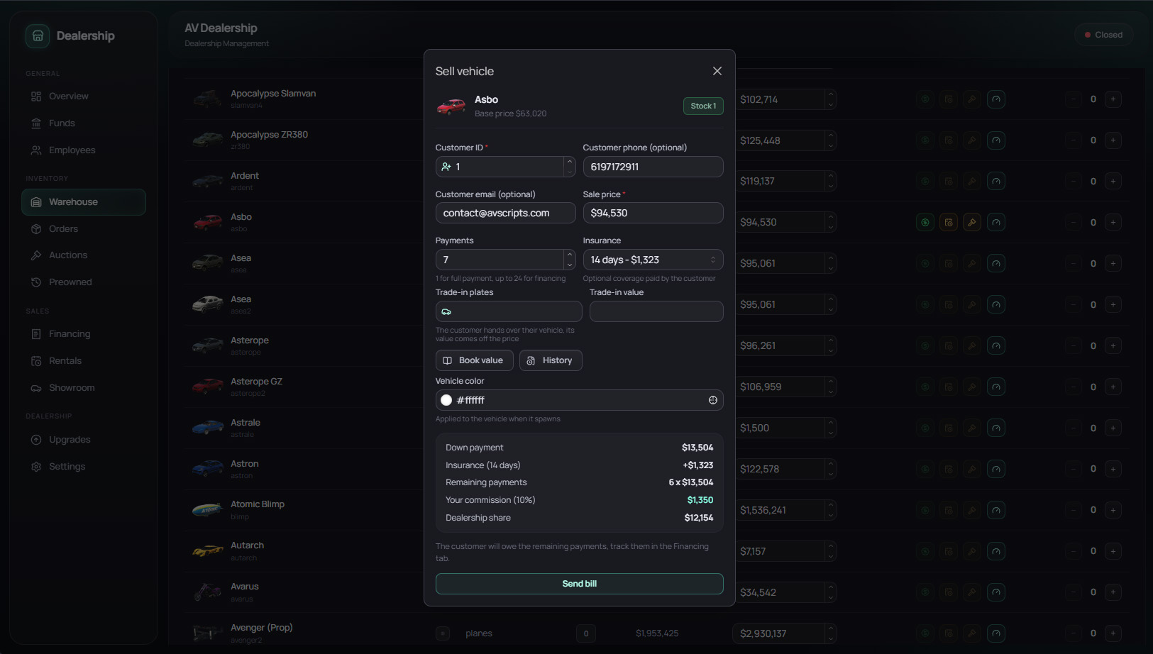 Sale form with financing, trade-in and insurance