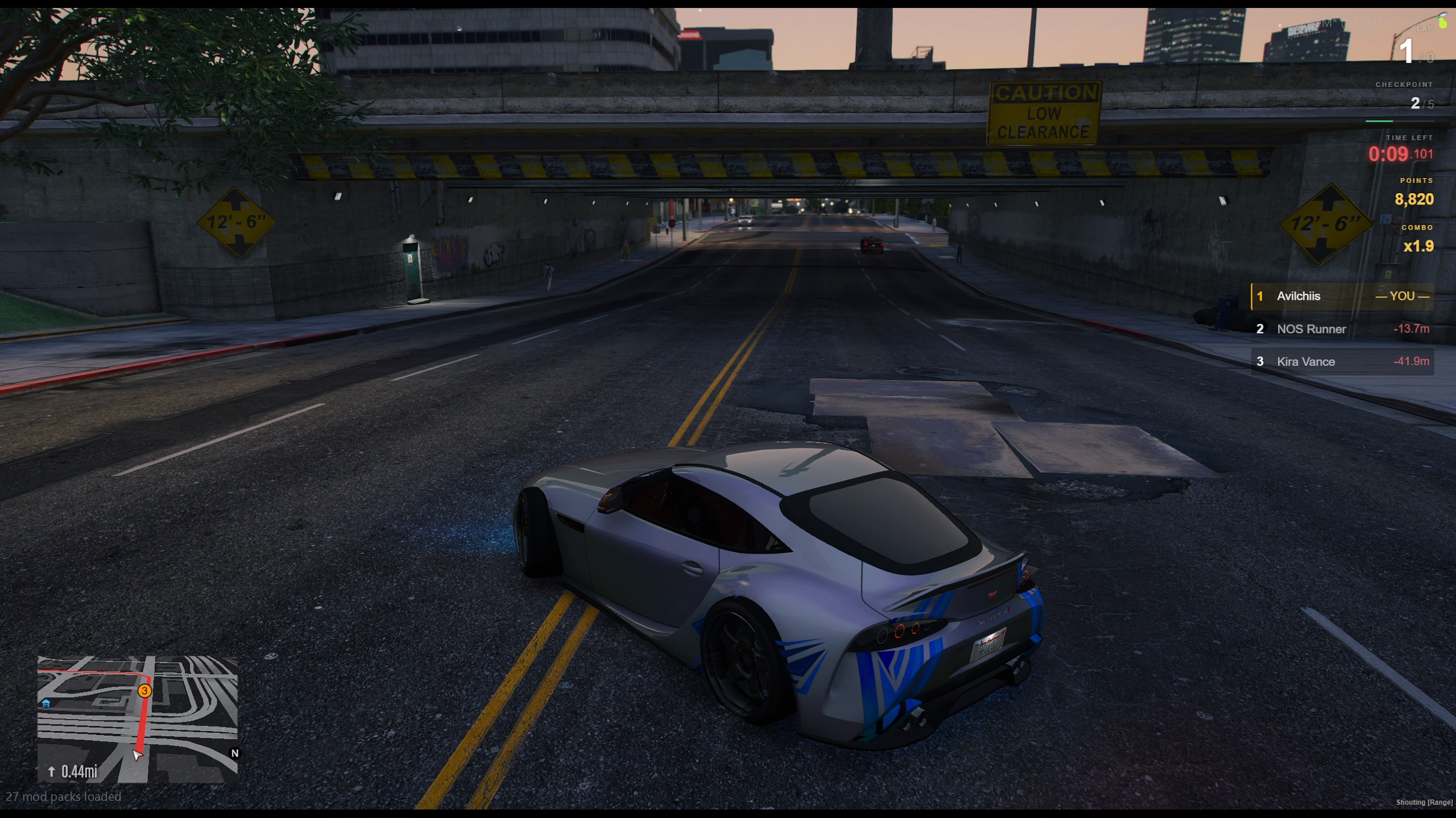 Drift mode HUD showing the timer, points and combo multiplier