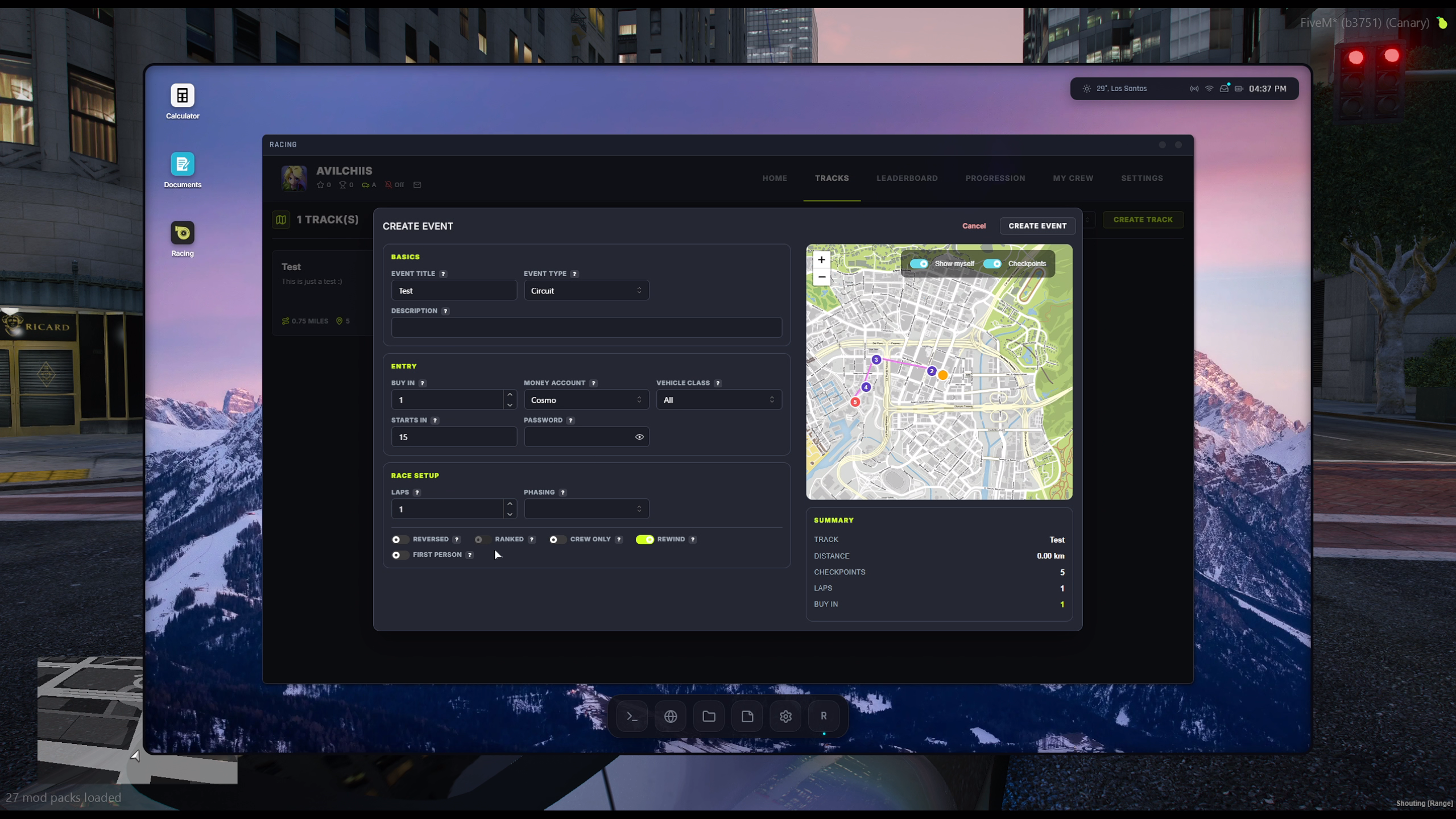 The event creator with the track map and race options