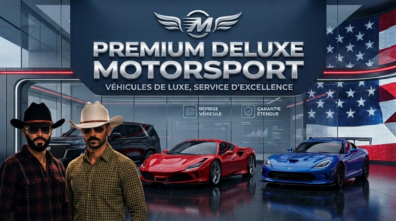 Devanture Premium Deluxe Motorsport avec les frères texans et voitures de sport