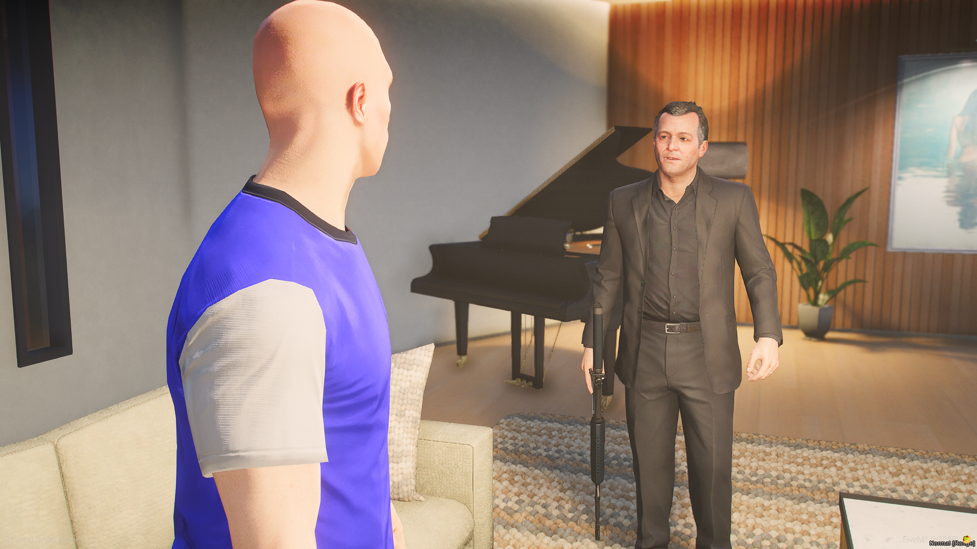 Two characters facing each other beside a grand piano