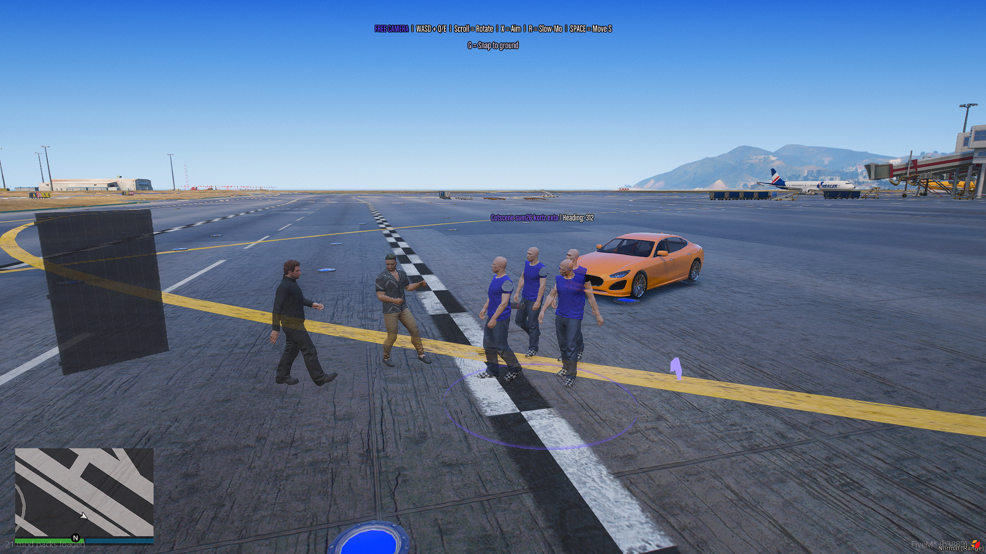 Actors and a sports car being positioned on an airport runway