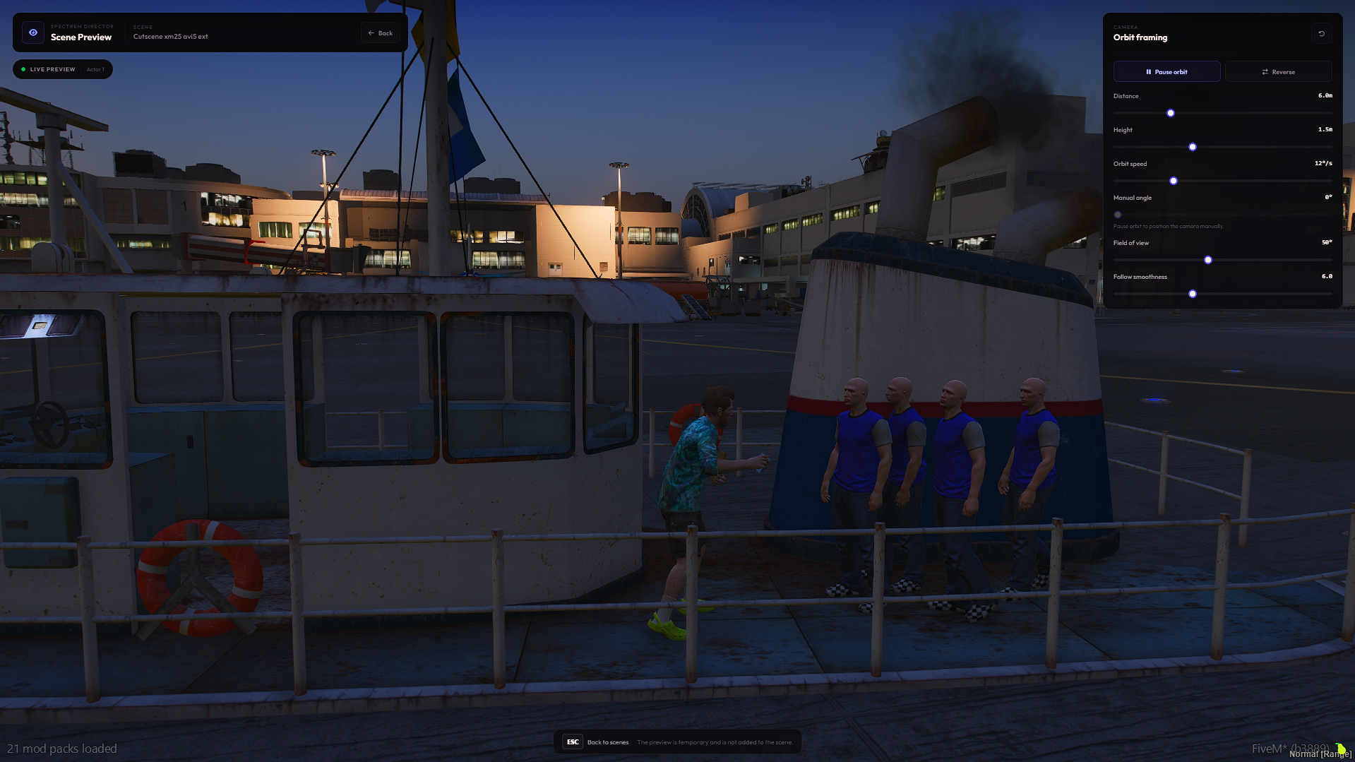 Scene Preview and orbit camera controls on a boat at dusk