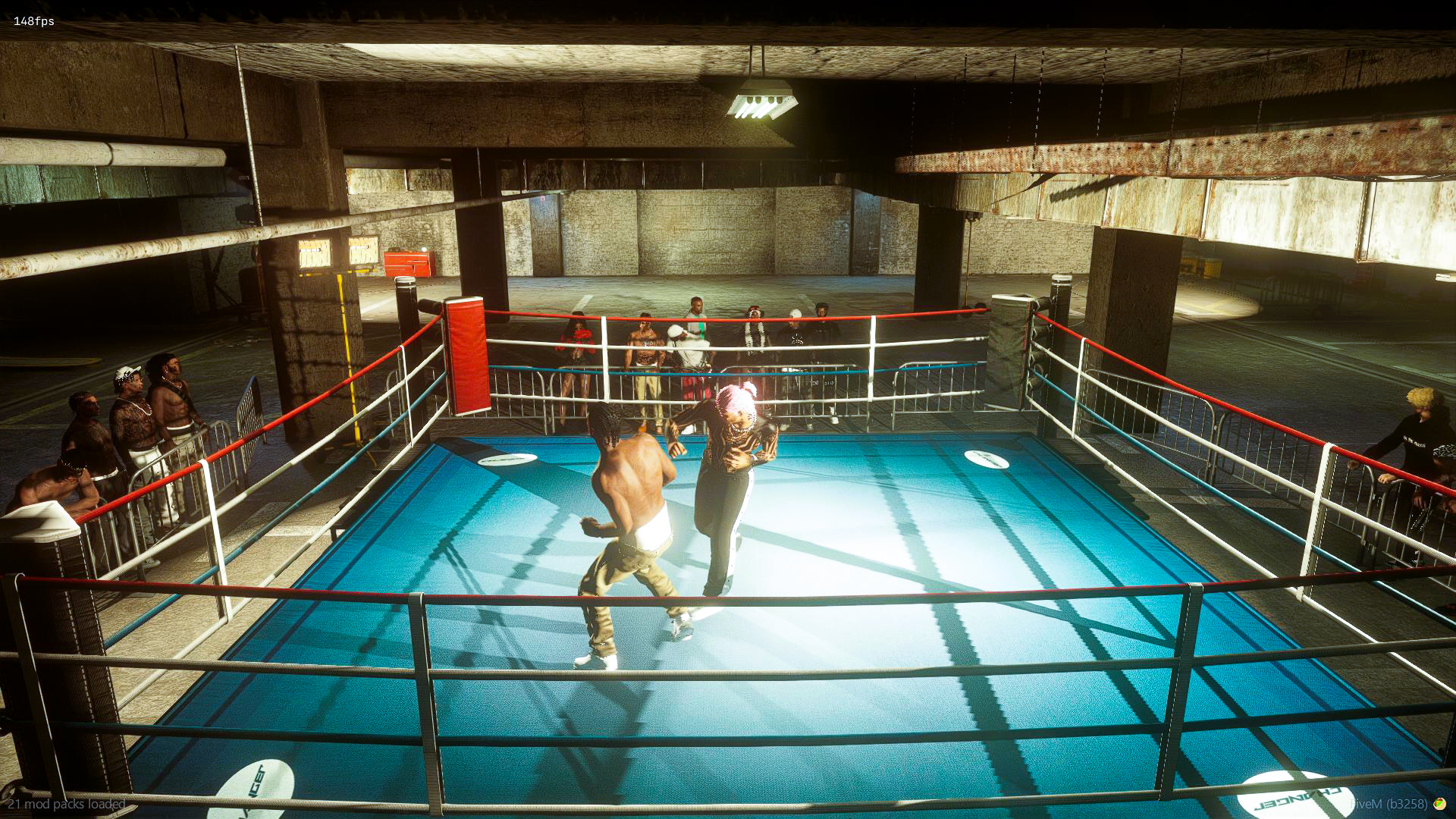 Combate de boxeo en un garaje de la ciudad